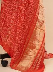 Pure Modal Satin Orange Color Bandhani Digital Print With Lagdi Patta Dupatta 42-Inches.