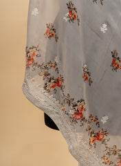 Pure Organza Grey Color Floral Digital Print Dupatta