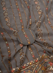 Pure Georgette Grey Color Resham And Sequins Work Embroidery Fabric.