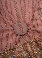 Pure Georgette Salmon Pink Color Resham And Sequins Work Embroidery Fabric.