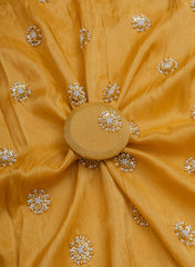 Pure Tissue Yellow Color Pearl And Sequins Embroidery Fabric.