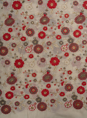 Pure Cotton Cambric Off-White And Red Color Floral Pattern Embroidery Fabric.