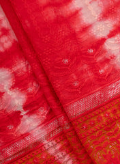 Pure Cotton Cambric Red Color Tie And Dye Daman Embroidery Fabric.