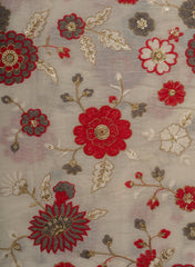 Pure Cotton Cambric Off-White And Red Color Floral Pattern Embroidery Fabric.