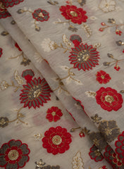 Pure Cotton Cambric Off-White And Red Color Floral Pattern Embroidery Fabric.