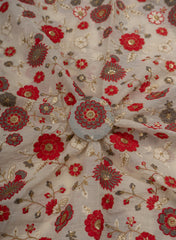 Pure Cotton Cambric Off-White And Red Color Floral Pattern Embroidery Fabric.