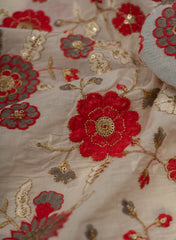 Pure Cotton Cambric Off-White And Red Color Floral Pattern Embroidery Fabric.