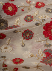 Pure Cotton Cambric Off-White And Red Color Floral Pattern Embroidery Fabric.