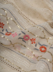 Pure Chanderi Off-White color Resham And Sequins Traditional Pattern Embroidery Fabric.