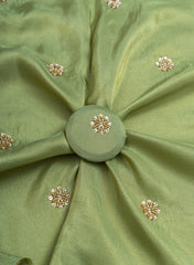 Pure Tissue Emerald Green Color Pearl And Sequins Embroidery Fabric.