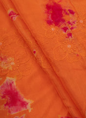 Pure Muslin Shades Of Orange Color Floral Butta Tie and Dye Embroidery Fabric.