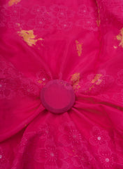 Pure Muslin Magenta Color Floral Butta Tie and Dye Embroidery Fabric
