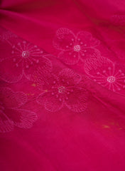 Pure Muslin Magenta Color Floral Butta Tie and Dye Embroidery Fabric