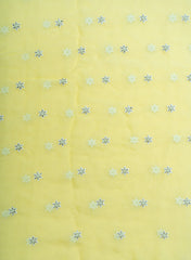 Pure Organza Light Lemon Yellow Color Saali And Pearl Embroidery Fabric.
