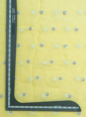 Pure Organza Light Lemon Yellow Color Saali And Pearl Embroidery Fabric.