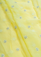 Pure Organza Light Lemon Yellow Color Saali And Pearl Embroidery Fabric.