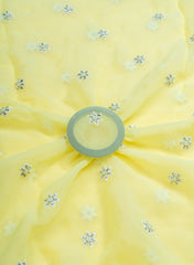 Pure Organza Light Lemon Yellow Color Saali And Pearl Embroidery Fabric.