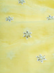 Pure Organza Light Lemon Yellow Color Saali And Pearl Embroidery Fabric.