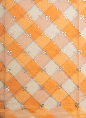 Mul Chanderi White and Orange Color Brush Print Stripe Pattern Embroidery Fabric.