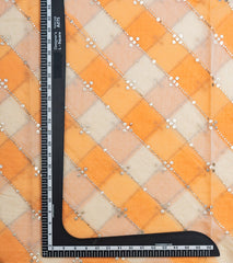 Mul Chanderi White and Orange Color Brush Print Stripe Pattern Embroidery Fabric.