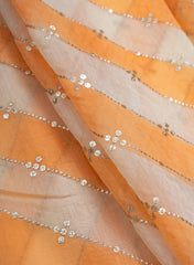 Mul Chanderi White and Orange Color Brush Print Stripe Pattern Embroidery Fabric.