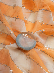 Mul Chanderi White and Orange Color Brush Print Stripe Pattern Embroidery Fabric.