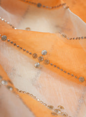 Mul Chanderi White and Orange Color Brush Print Stripe Pattern Embroidery Fabric.