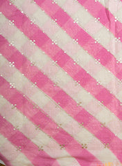 Mul Chanderi White and Pink Color Brush Print Stripe Pattern Embroidery Fabric.
