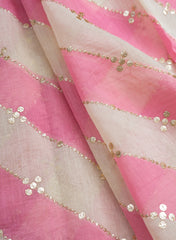 Mul Chanderi White and Pink Color Brush Print Stripe Pattern Embroidery Fabric.