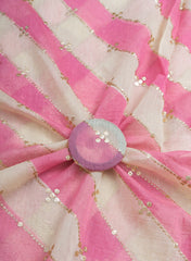 Mul Chanderi White and Pink Color Brush Print Stripe Pattern Embroidery Fabric.