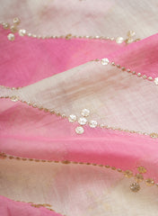 Mul Chanderi White and Pink Color Brush Print Stripe Pattern Embroidery Fabric.