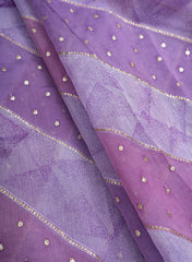 Mul Chanderi Lavender Color Brush Print Stripe Pattern Embroidery Fabric.