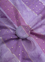 Mul Chanderi Lavender Color Brush Print Stripe Pattern Embroidery Fabric.