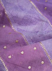 Mul Chanderi Lavender Color Brush Print Stripe Pattern Embroidery Fabric.