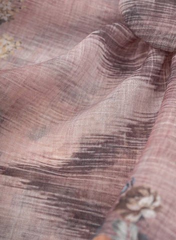 (Pre Cut 1-Meter )Art Linen Pastel Pink Color Floral Pattern Hybrid Print Fabric.