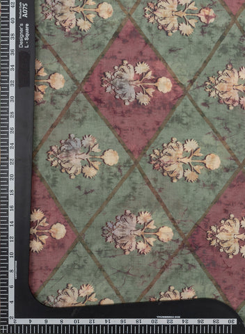 (Pre Cut-2.5 Meter) Linen Forest Green Color Geometrical Pattern Hybrid Print Fabric.