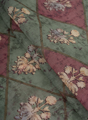 (Pre Cut-2.5 Meter) Linen Forest Green Color Geometrical Pattern Hybrid Print Fabric.