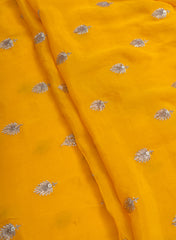 Pure Chinnon Chiffon Mustard Yellow Color Zari And Sequins Butta Pattern Embroidery Fabric.