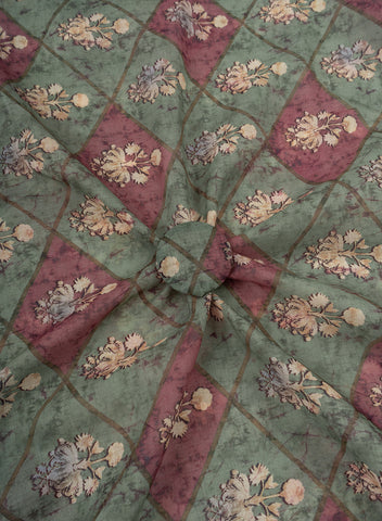 (Pre Cut-2.5 Meter) Linen Forest Green Color Geometrical Pattern Hybrid Print Fabric.