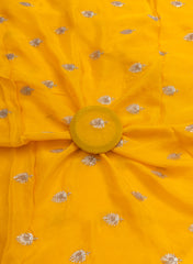 Pure Chinnon Chiffon Mustard Yellow Color Zari And Sequins Butta Pattern Embroidery Fabric.