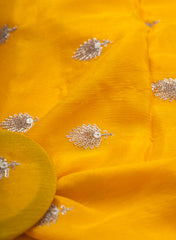 Pure Chinnon Chiffon Mustard Yellow Color Zari And Sequins Butta Pattern Embroidery Fabric.