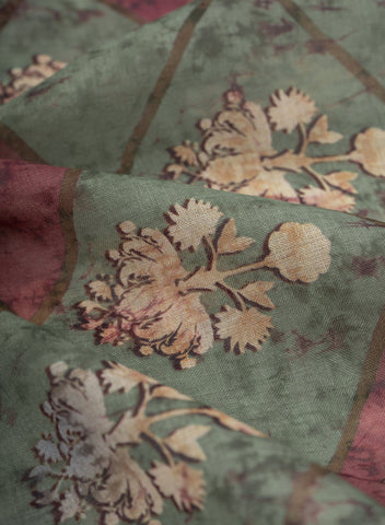 (Pre Cut-2.5 Meter) Linen Forest Green Color Geometrical Pattern Hybrid Print Fabric.