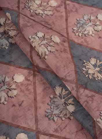 (Pre Cut-1.5 Meter) Art LinenDark Mauve Color Geometrical Pattern Hybrid Print Fabric.