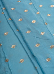 Pure Chinnon Chiffon Sky Blue Color Zari And Sequins Butta Pattern Embroidery Fabric.