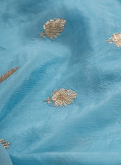 Pure Chinnon Chiffon Sky Blue Color Zari And Sequins Butta Pattern Embroidery Fabric.