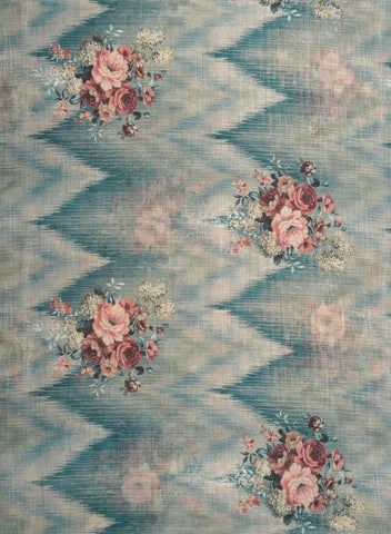 (Pre Cut-1 Meter) Linen Iceberg Blue Color Floral Pattern Hybrid Print Fabric.