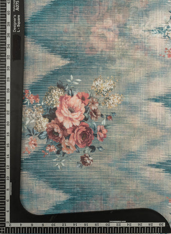 (Pre Cut-1 Meter) Linen Iceberg Blue Color Floral Pattern Hybrid Print Fabric.