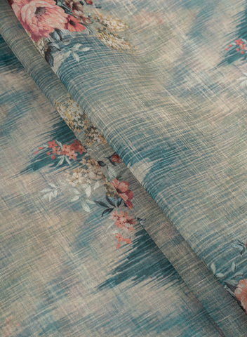 (Pre Cut-1 Meter) Linen Iceberg Blue Color Floral Pattern Hybrid Print Fabric.