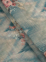 (Art Linen) Linen Iceberg Blue Color Floral Pattern Hybrid Print Fabric.