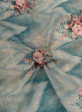 (Pre Cut-1 Meter) Linen Iceberg Blue Color Floral Pattern Hybrid Print Fabric.